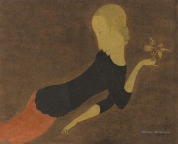 JEUNE FILLE a LA ROSE CIRCA 1917 japonais Peinture à l'huile